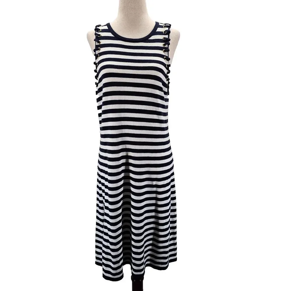 Michael Kors Ladies Navy‎ Blue & White Striped Tank Dress Lace Sleeveless Small